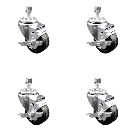 Service Caster 3 Inch SS Phenolic Wheel Swivel 12mm Threaded Stem Caster Set Brake SCC SCC-SSTS20S314-PHS-TLB-M1215-4